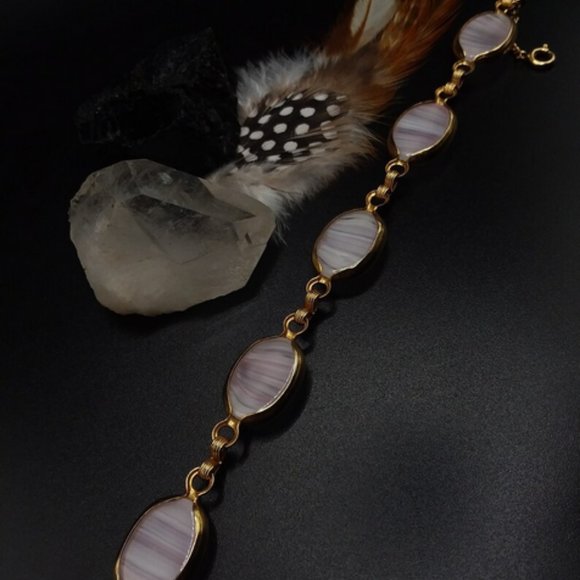 PINK Panel Bracelet | Signed | Beautiful Light Pink Glass, Fine Vintage Fashion - Picture 6 of 9